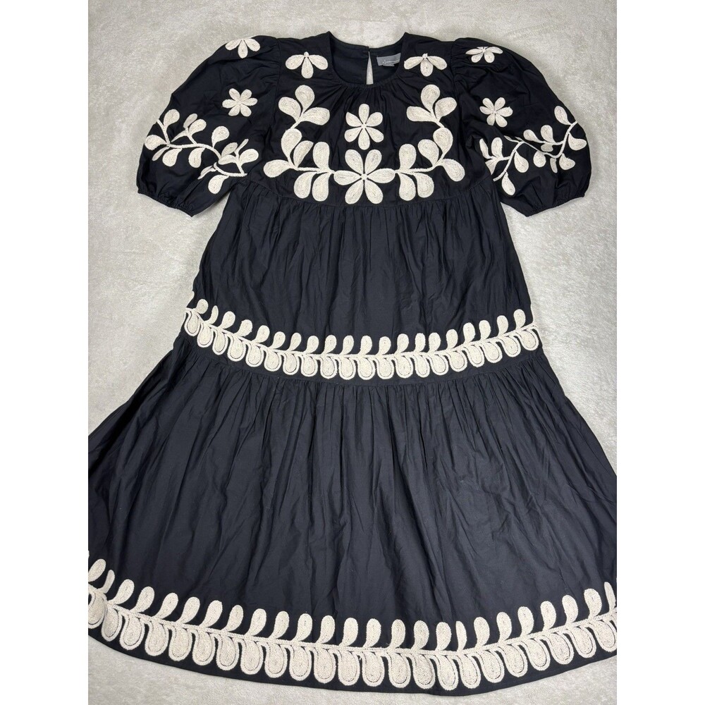 Anthropologie Embroidered Puff Sleeve Midi Maxi Dress Large Cotton Black Ivory